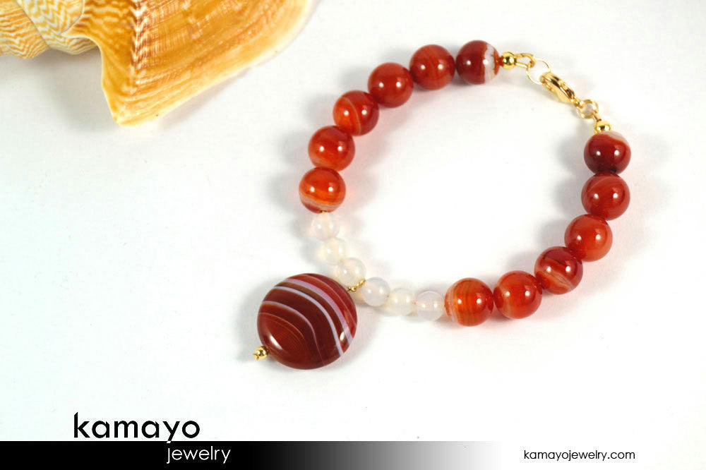 SARDONYX BRACELET - Coin Red Sardonyx Pendant with White Onyx Beads